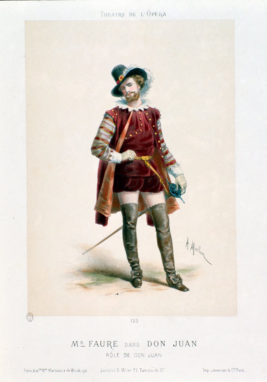 Sångaren Jean-Baptiste (Jean Baptiste) Faure (1830-1914) framför Don Giovanni (Don Juan) i operan med samma namn av Wolfgang Amadeus Mozart (1756-1791) under en föreställning på Operateatern i Paris. Litografi av Antony Morlon (1834-1914) Colle av Antony Paul Emile Morlon