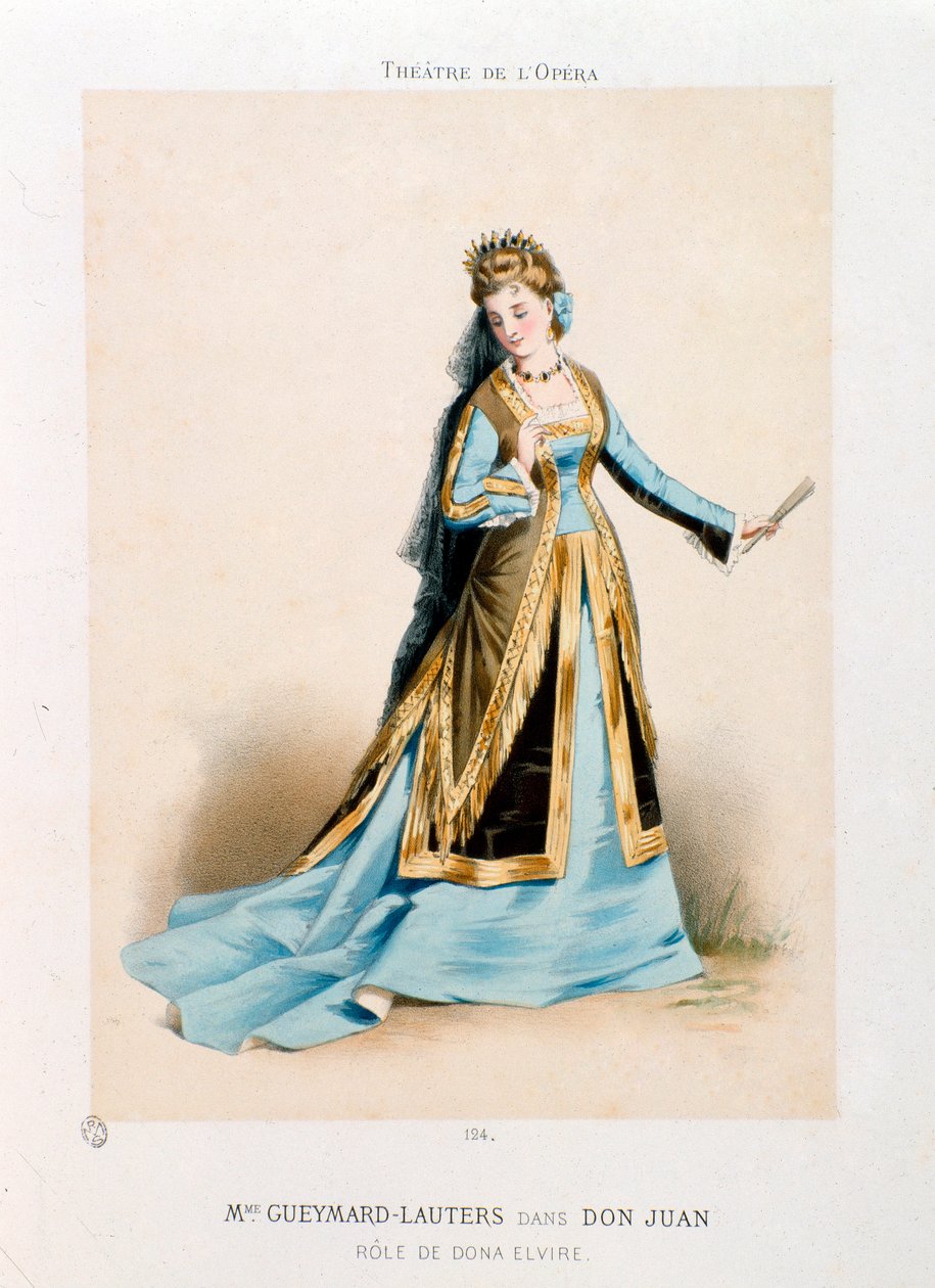 Sångerskan Pauline Lauters-Gueymard (Lauters Gueymard) (1834-1876) framför Dona Elvire i Wolfgang Amadeus Mozarts opera Don Giovanni (Don Juan) (1756-1791) under en föreställning på Operateatern i Paris. Litografi av Antony Morlon (1834-1914) Privat av Antony Paul Emile Morlon