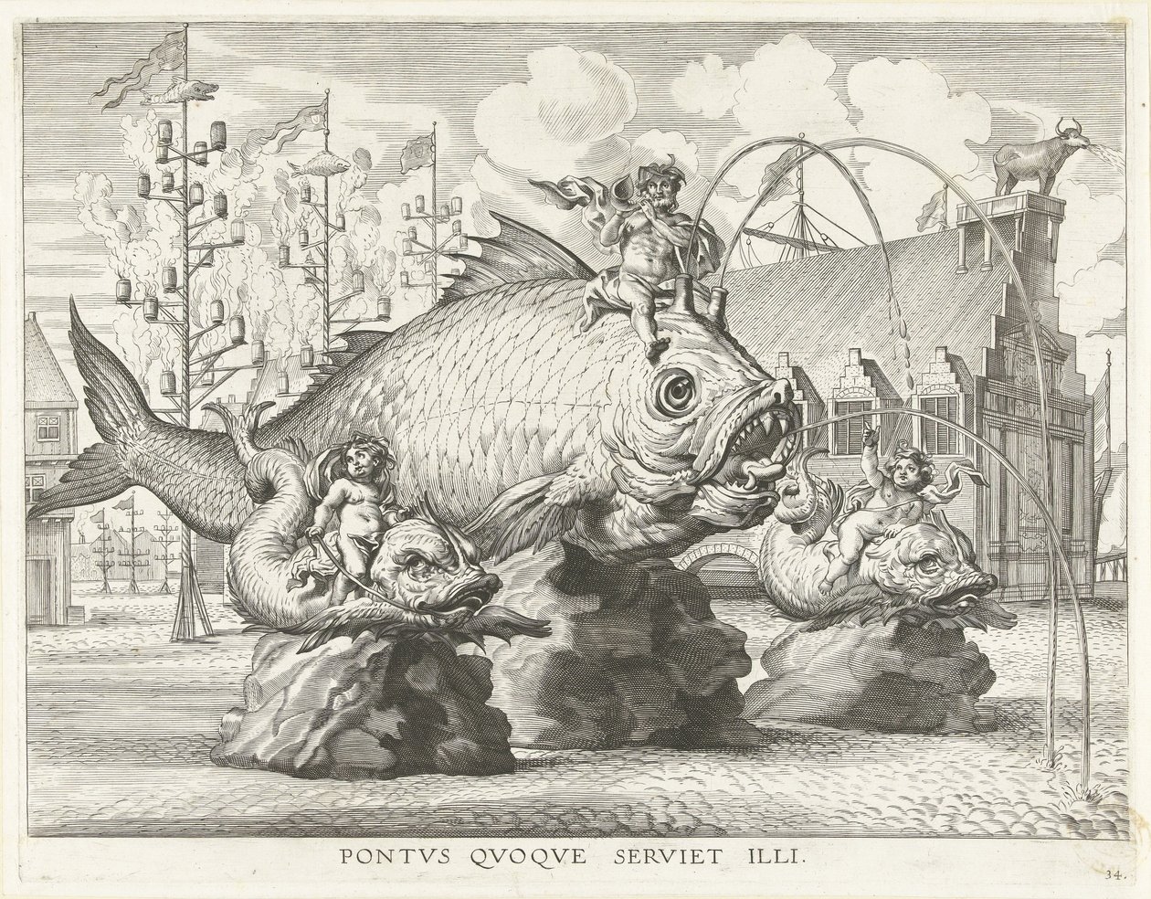 Skådespel med Triton på en gigantisk fisk; Ferdinands intåg i Gent 1635 Pontvs Qvoqve servett illi (titel på objekt) av Antony van der Does