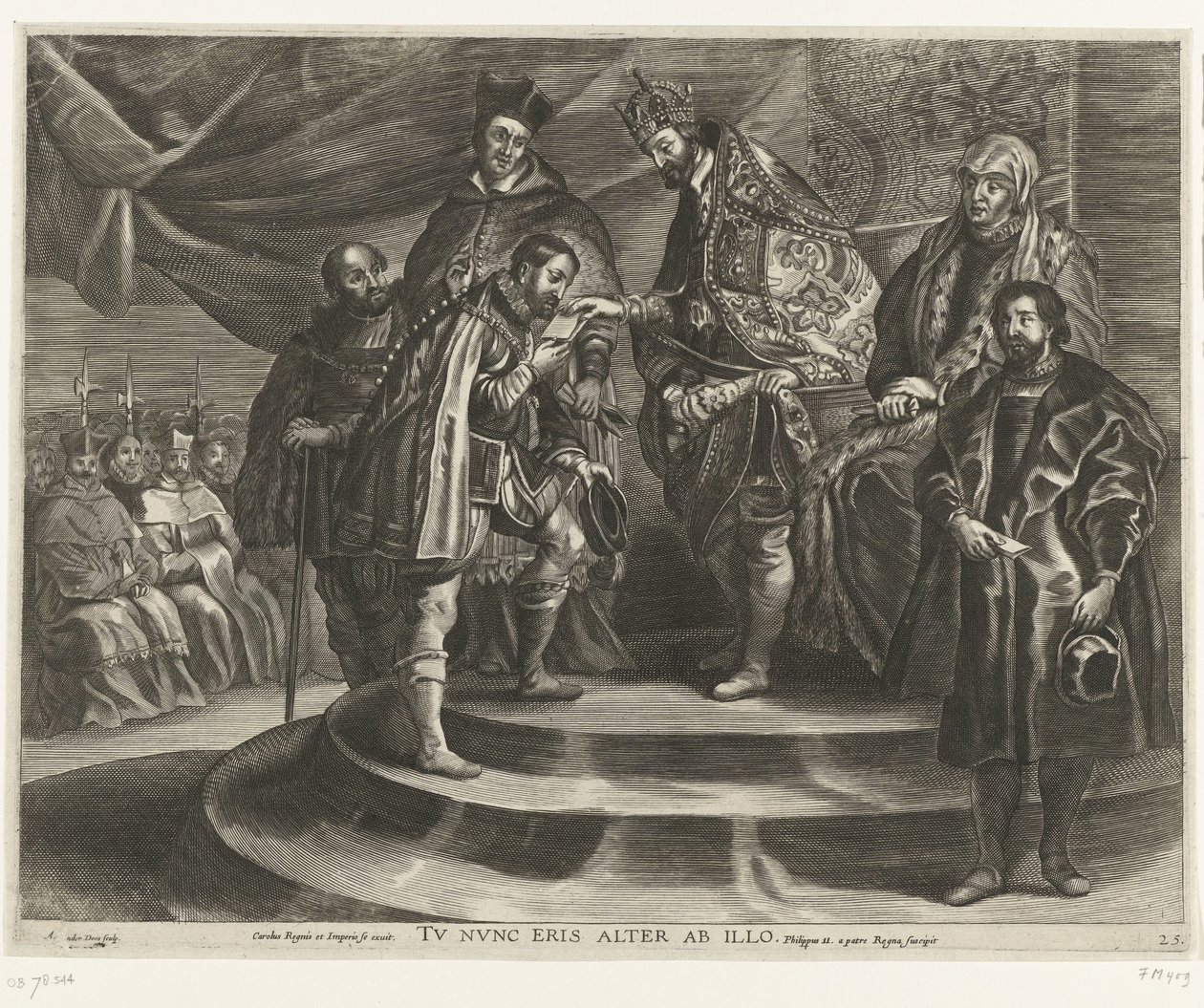 Troonsafsand van Karel V; intocht van Ferdinand te Gent 1635 (blad 25) Charles tog av sig kungariket och imperiet / Du kommer nu att bli andra efter honom / Filip II tar kungariket från sin far (titel på objekt) av Antony van der Does