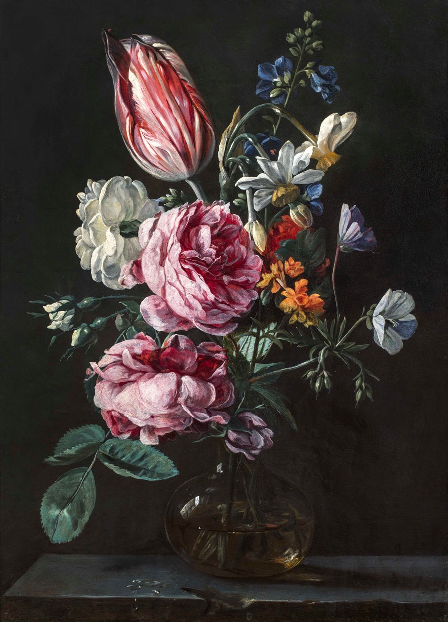 En bukett med narcisser, papegojtulpan, rosor och andra blommor i en glasvas på en stensockel, ca 1650-talet (olja på koppar) av Antwerp School