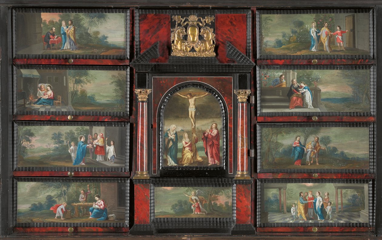 Skåp (förgylld metall, paketförgylld, sköldpaddsskal, ebenholts, elfenben & eboniserat och japanskt trä med målningar på koppar) av Antwerp School