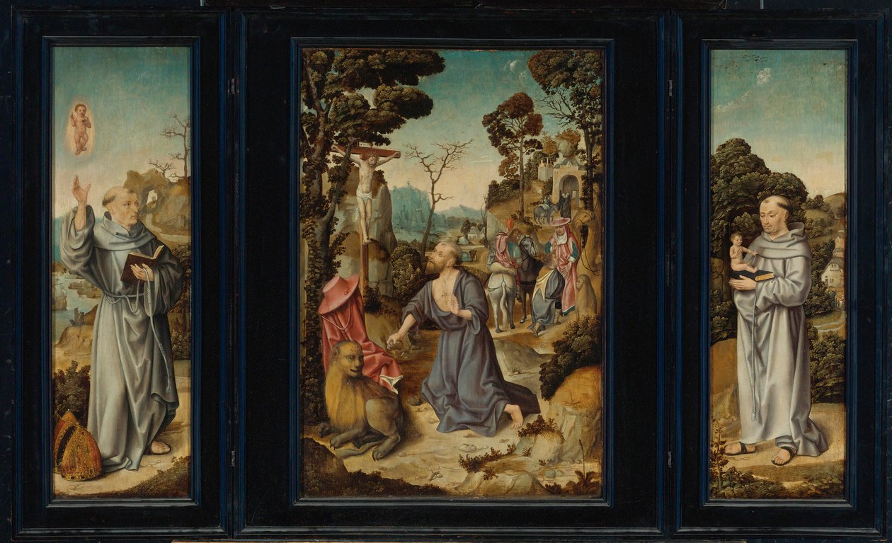 En triptyk: Scener ur livet av St. Jerom, Sankt Antonius av Padua, Sankt Bernhard av Clairvaux av Antwerp School c. 1525 3