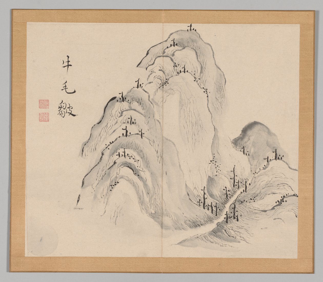 Dubbelalbum av landskapsstudier efter Ikeno Taiga, volym 1 blad 15, 1700-talet. av Aoki Shukuya
