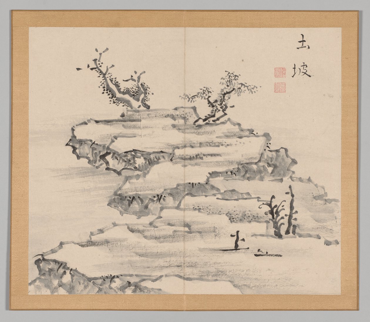 Dubbelalbum av landskapsstudier efter Ikeno Taiga, volym 1 blad 21, 1700-talet. av Aoki Shukuya