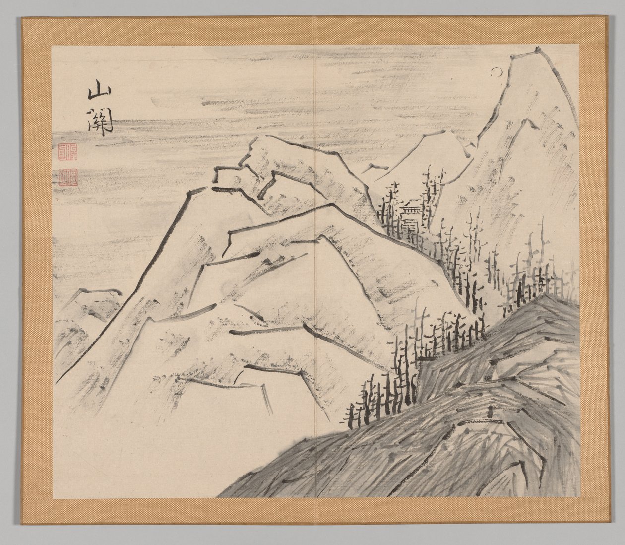 Dubbelalbum av landskapsstudier efter Ikeno Taiga, volym 1 blad 29, 1700-talet. av Aoki Shukuya