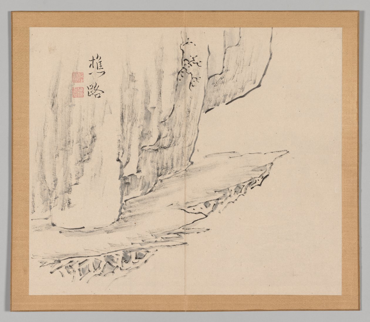 Dubbelalbum av landskapsstudier efter Ikeno Taiga, volym 1 blad 31, 1700-talet. av Aoki Shukuya