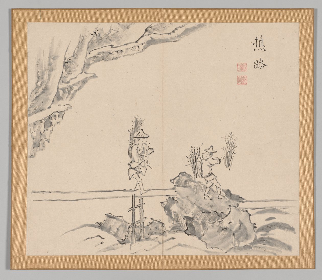 Dubbelalbum av landskapsstudier efter Ikeno Taiga, volym 1 blad 32, 1700-talet. av Aoki Shukuya