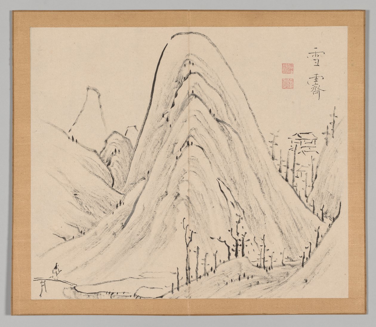 Dubbelalbum av landskapsstudier efter Ikeno Taiga, volym 1 blad 33, 1700-talet. av Aoki Shukuya
