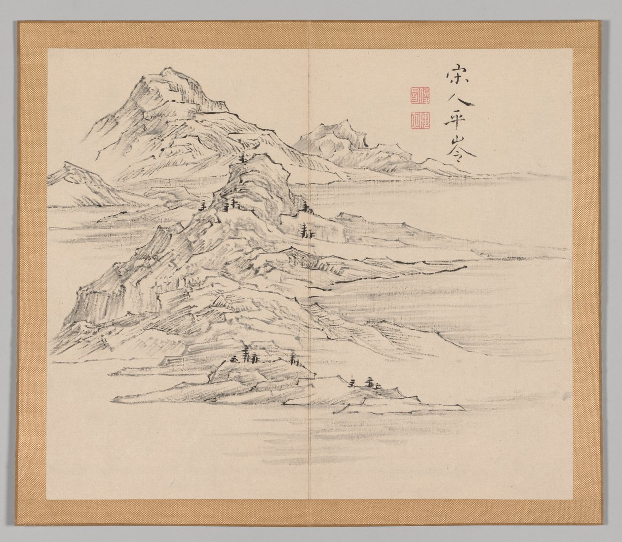 Dubbelalbum av landskapsstudier efter Ikeno Taiga, volym 1 blad 35, 1700-talet. av Aoki Shukuya