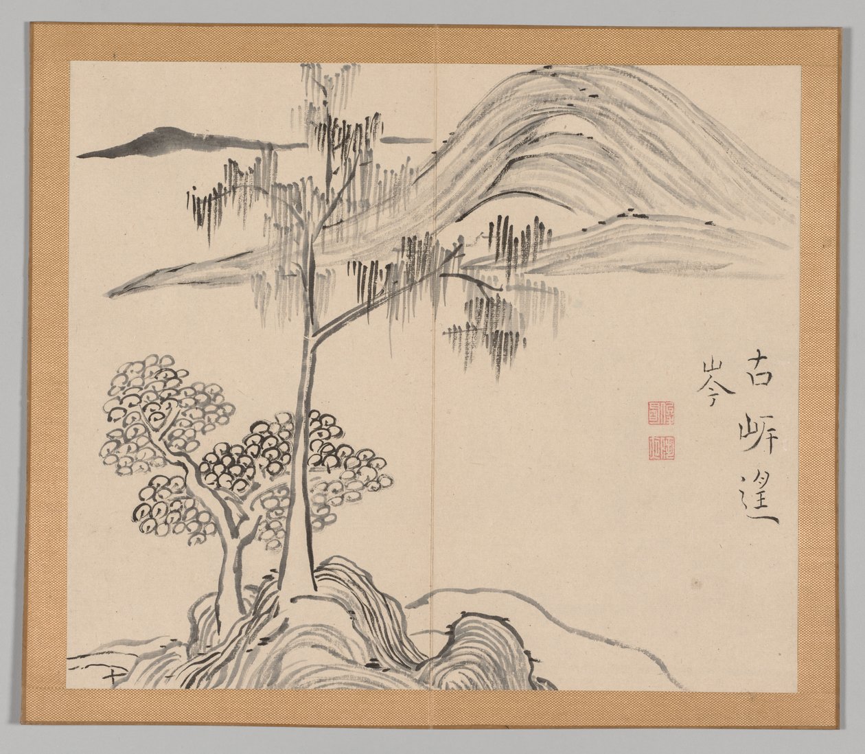 Dubbelalbum av landskapsstudier efter Ikeno Taiga, volym 1 blad 36, 1700-talet. av Aoki Shukuya