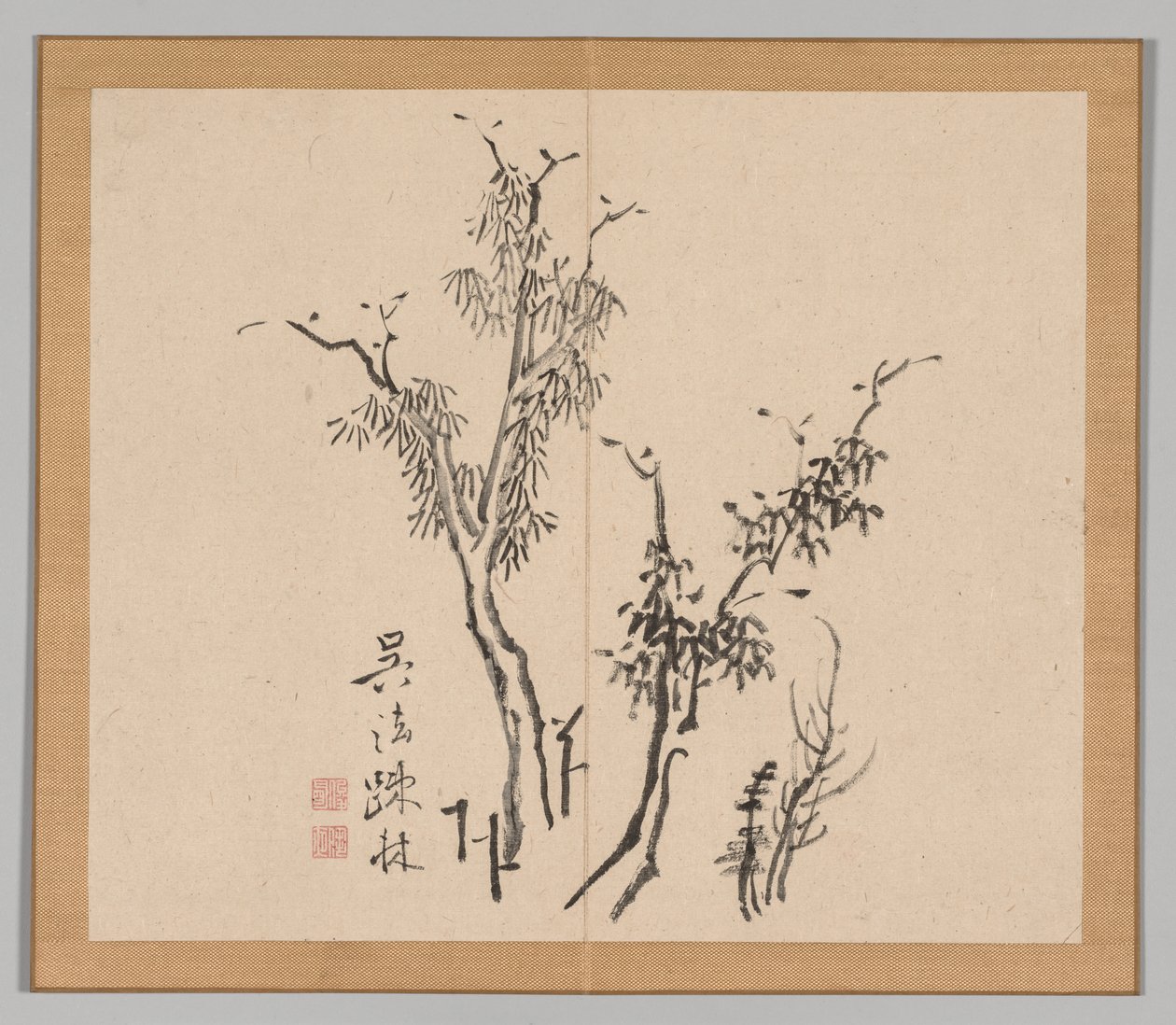 Dubbelalbum av landskapsstudier efter Ikeno Taiga, volym 1 blad 5, 1700-talet. av Aoki Shukuya