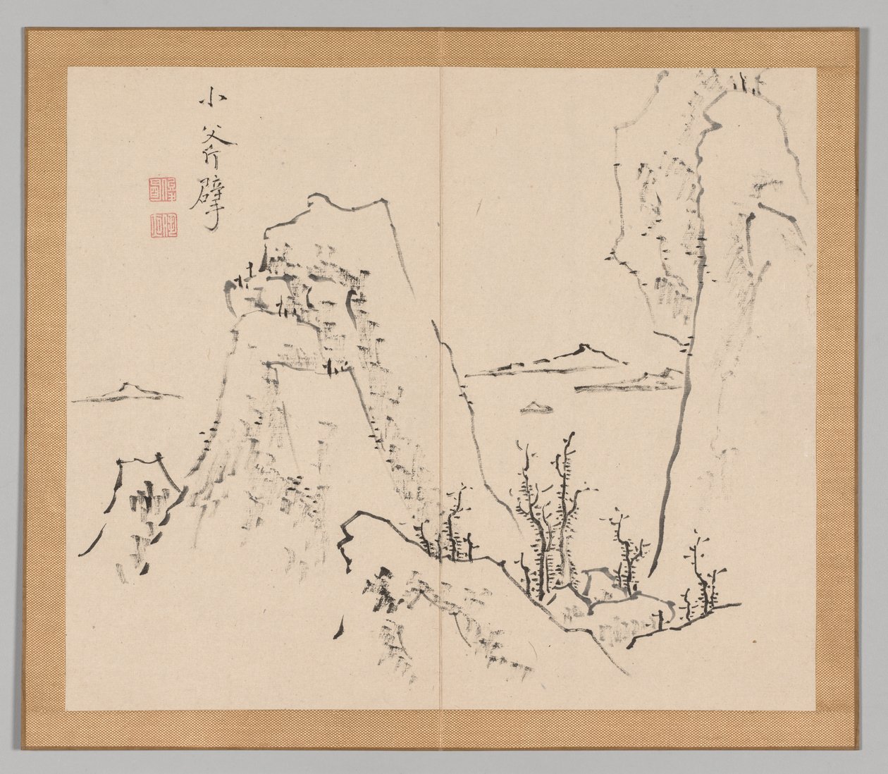 Dubbelalbum av landskapsstudier efter Ikeno Taiga, volym 1 blad 8, 1700-talet. av Aoki Shukuya