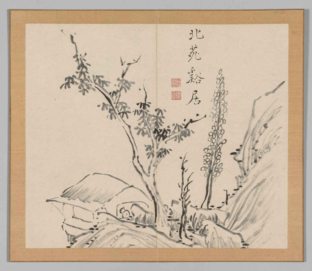 Dubbelalbum av landskapsstudier efter Ikeno Taiga, volym 2 blad 13, 1700-talet. av Aoki Shukuya