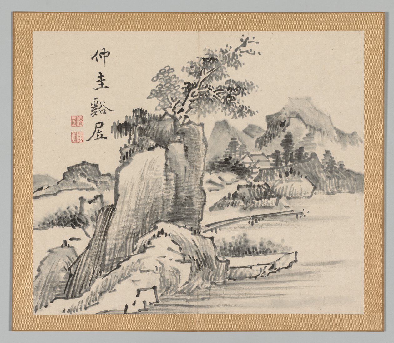 Dubbelalbum av landskapsstudier efter Ikeno Taiga, volym 2 blad 14, 1700-talet. av Aoki Shukuya