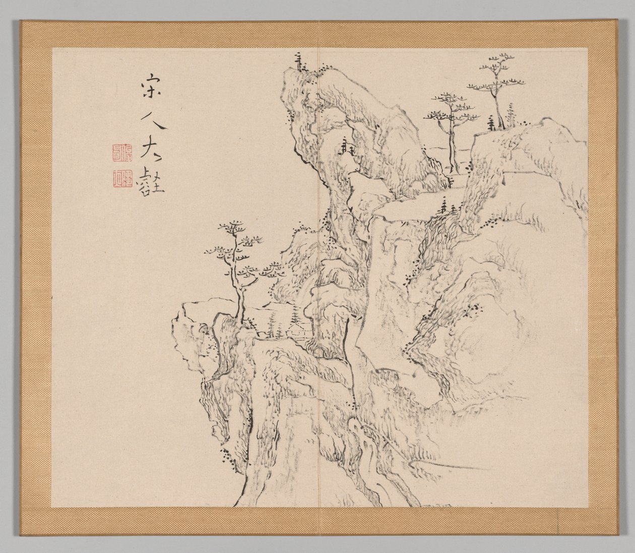 Dubbelalbum av landskapsstudier efter Ikeno Taiga, volym 2 blad 1, 1700-talet. av Aoki Shukuya