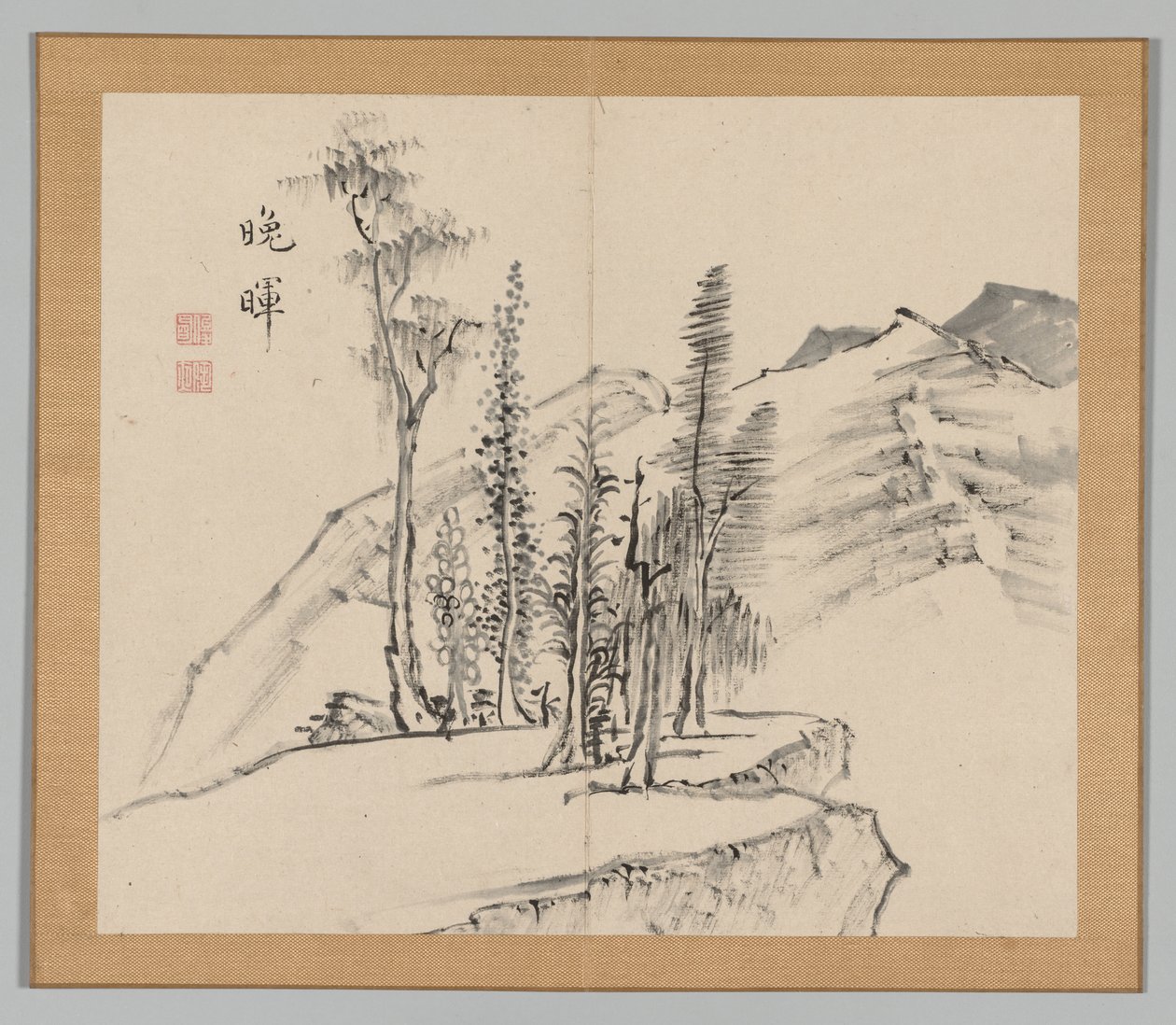 Dubbelalbum av landskapsstudier efter Ikeno Taiga, volym 2 blad 21, 1700-talet. av Aoki Shukuya
