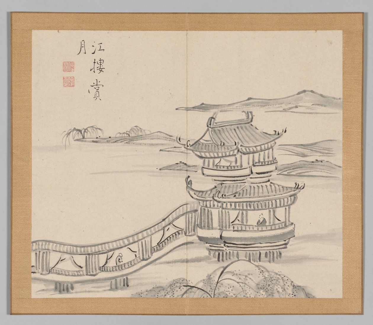 Dubbelalbum av landskapsstudier efter Ikeno Taiga, volym 2 blad 25, 1700-talet. av Aoki Shukuya