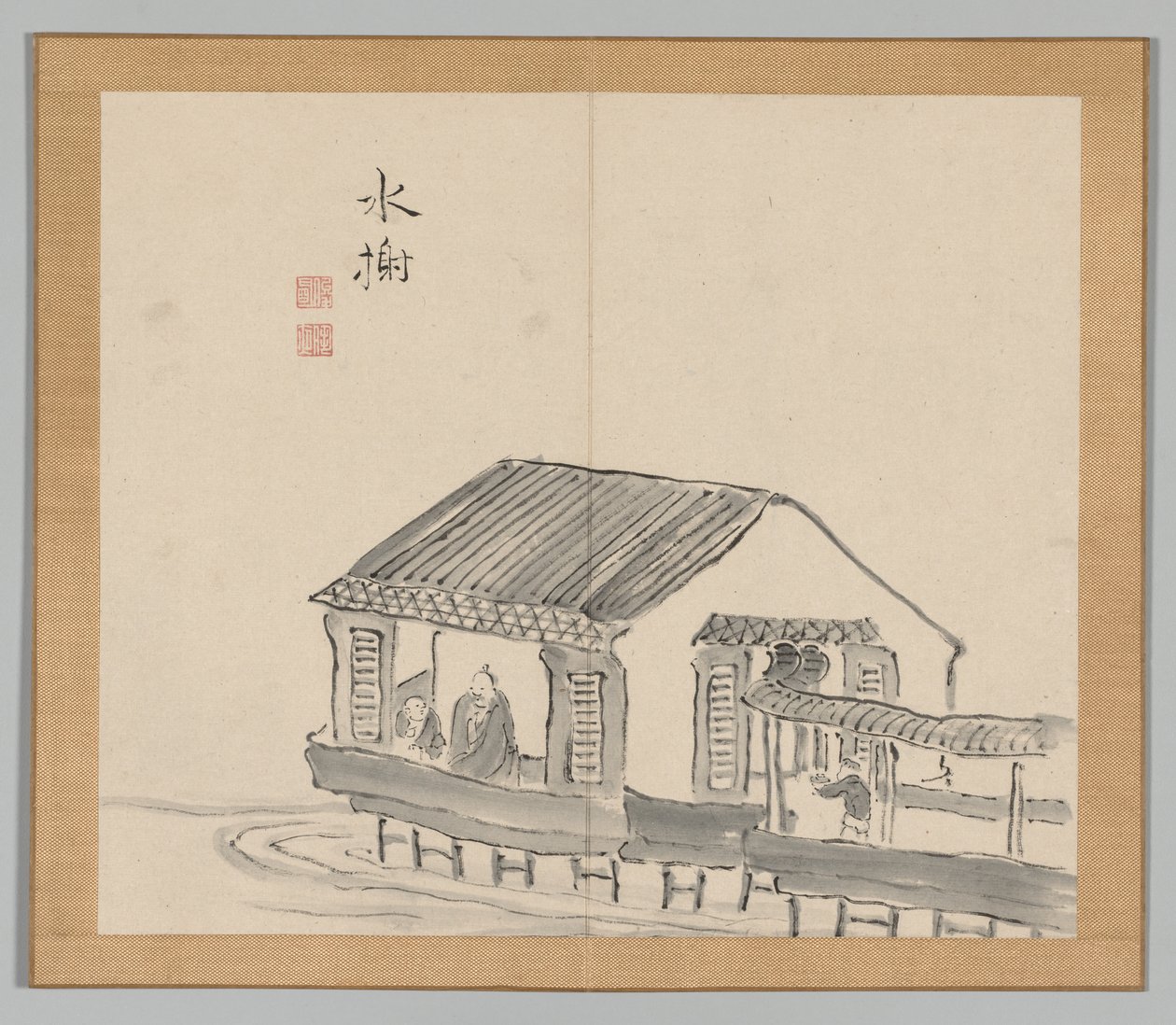 Dubbelalbum av landskapsstudier efter Ikeno Taiga, volym 2 blad 29, 1700-talet. av Aoki Shukuya
