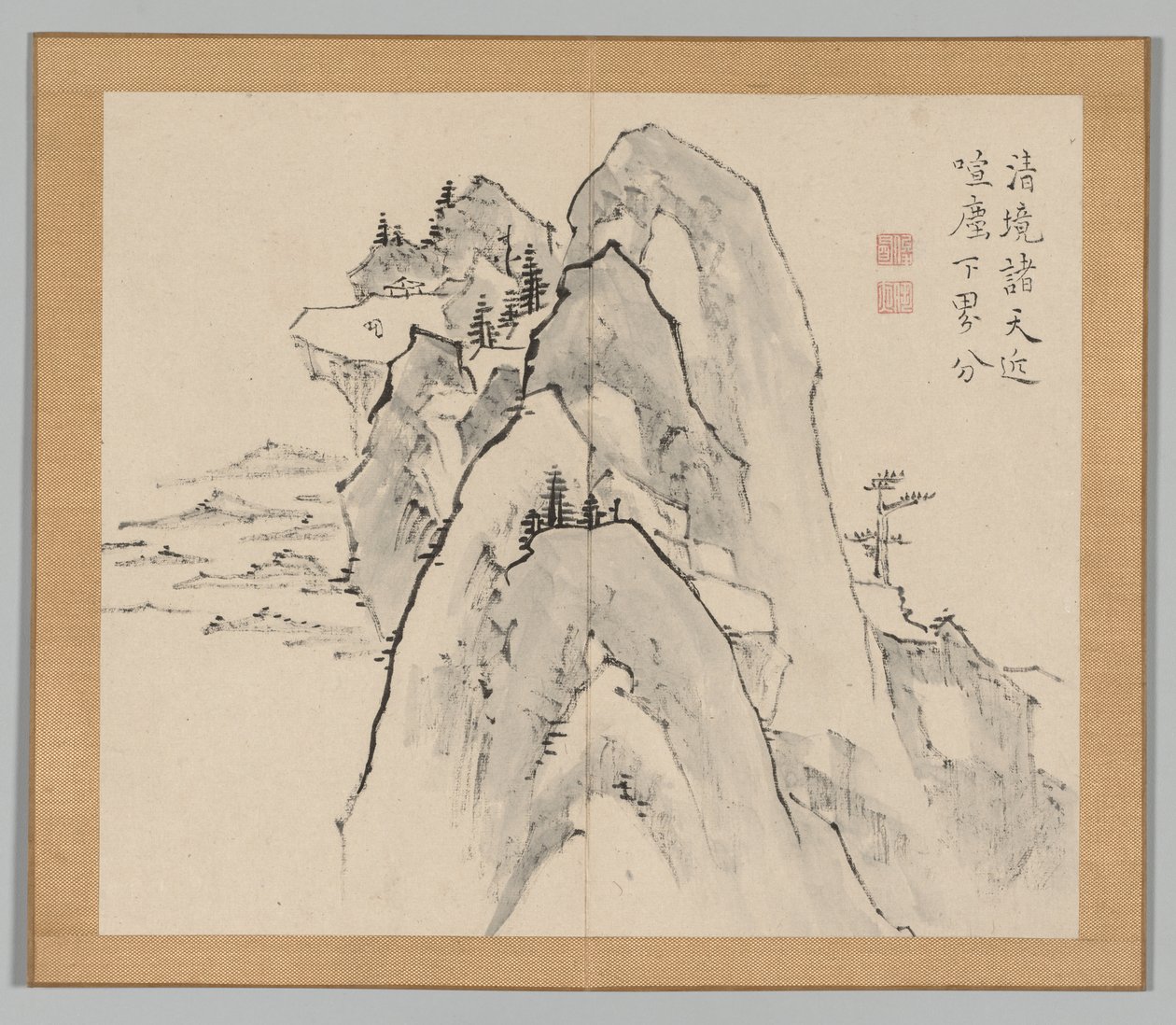 Dubbelalbum av landskapsstudier efter Ikeno Taiga, volym 2 blad 33, 1700-talet. av Aoki Shukuya