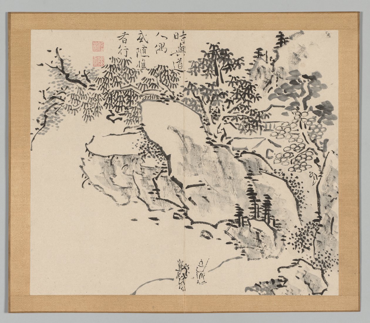 Dubbelalbum av landskapsstudier efter Ikeno Taiga, volym 2 blad 34, 1700-talet. av Aoki Shukuya