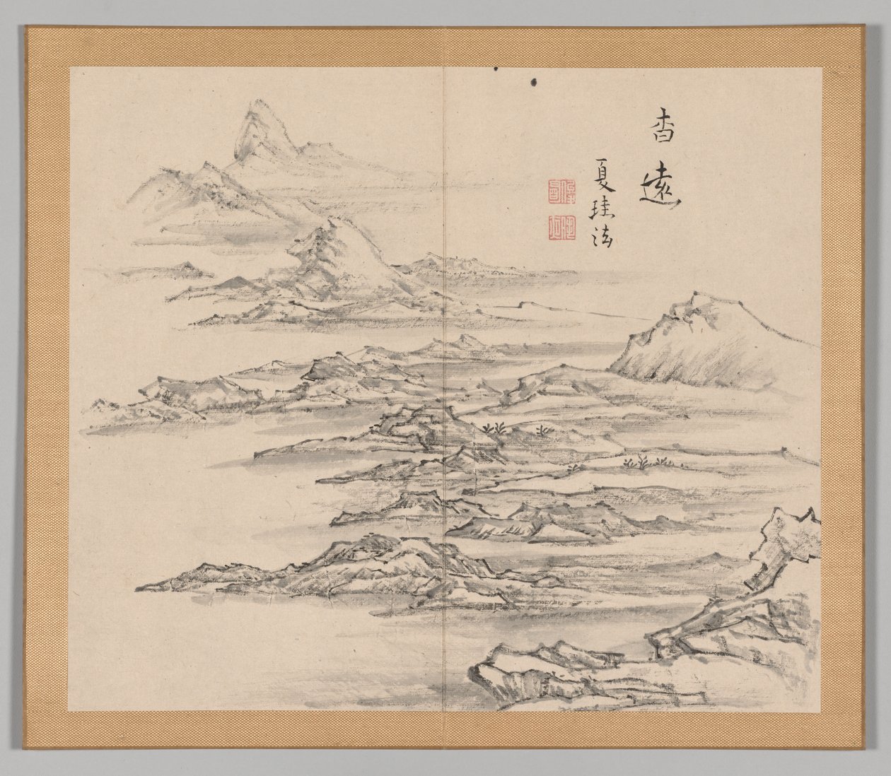 Dubbelalbum av landskapsstudier efter Ikeno Taiga, volym 2 blad 5, 1700-talet. av Aoki Shukuya
