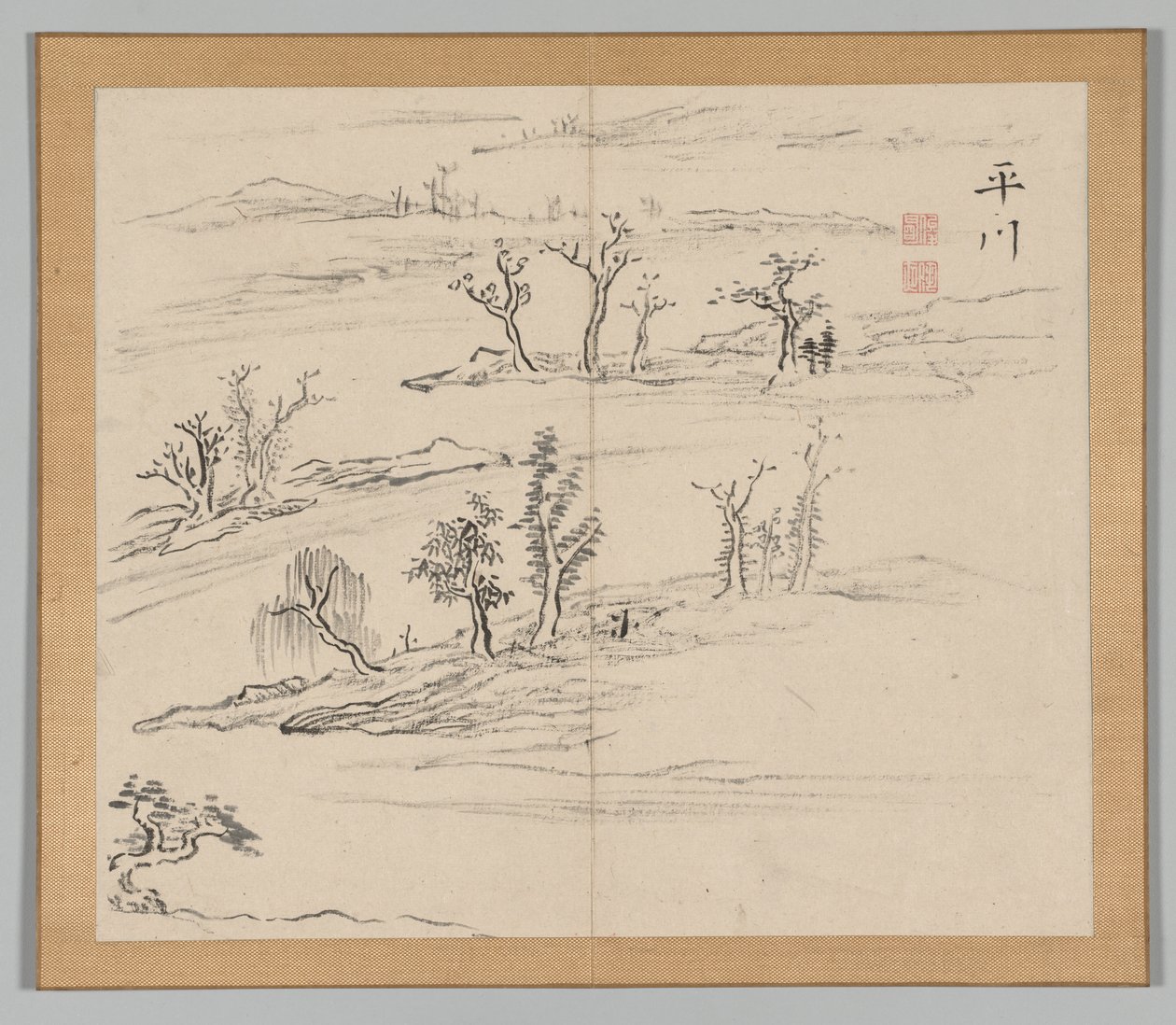 Dubbelalbum av landskapsstudier efter Ikeno Taiga, volym 2 blad 9, 1700-talet. av Aoki Shukuya
