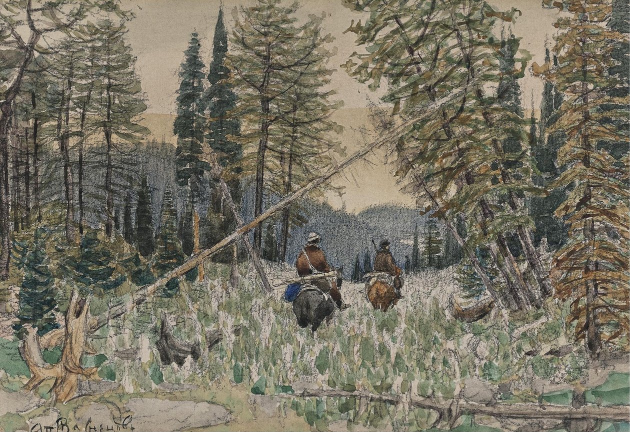 Jägare till häst i en tallskog av Apollinari Mikhailovich Vasnetsov