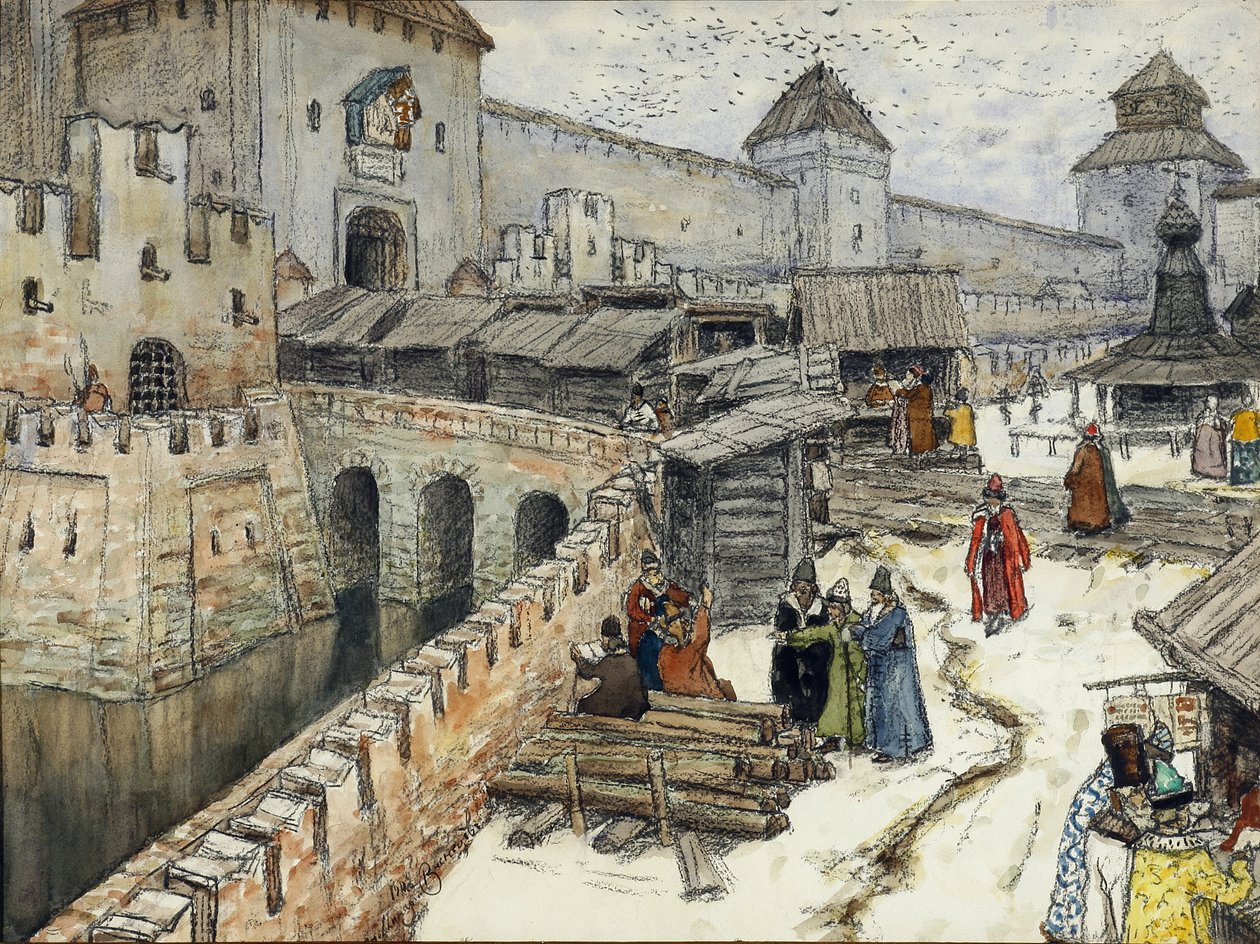 Moskva på 1600-talet. Bokhandlar på Kristus Frälsarens bron, 1902 av Apollinari Mikhailovich Vasnetsov