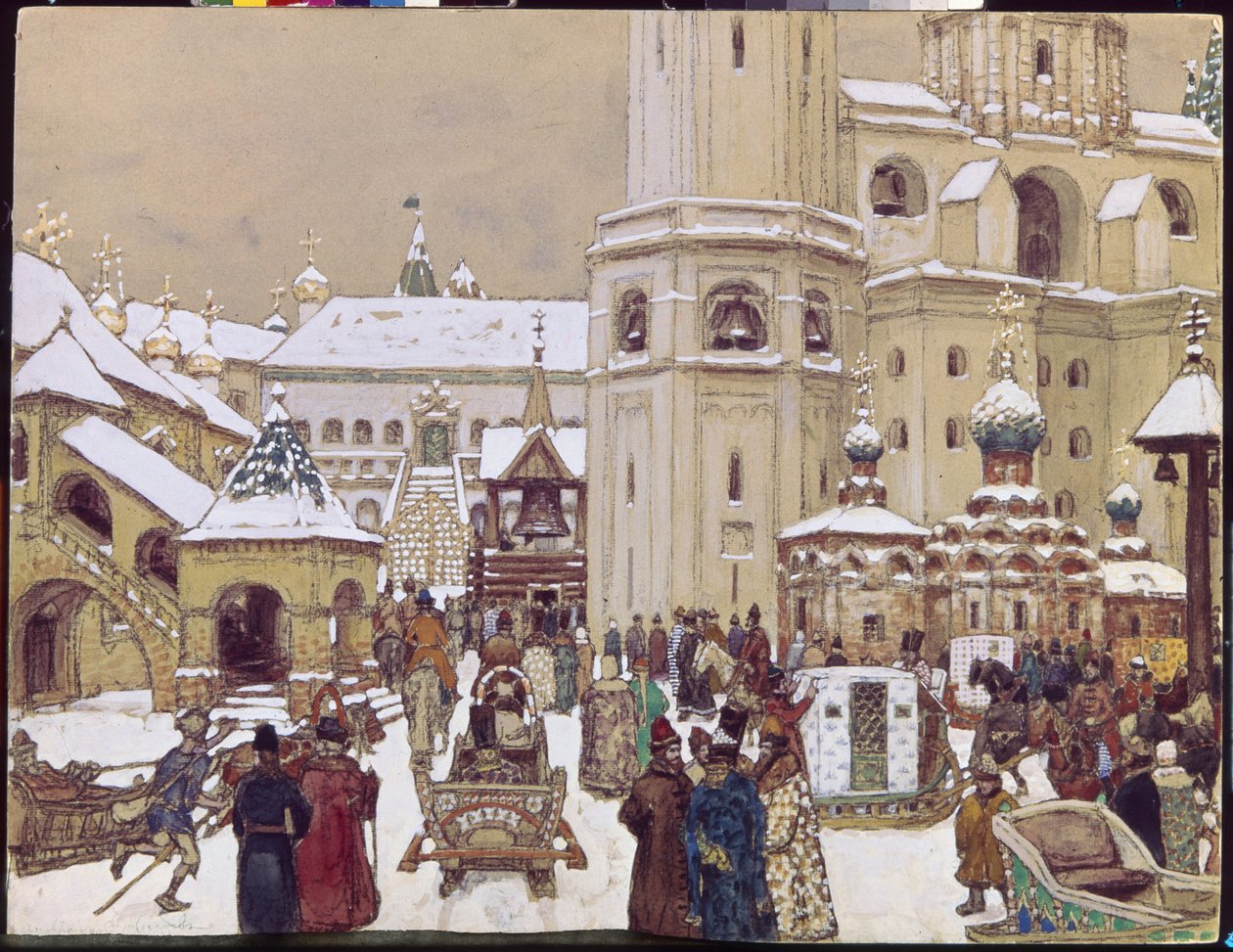 Placera Ivan den store i Kreml på 1600-talet. (Katedraltorget, Moskva). Verk av Appolinari Mikhaylovich Vasnetsov (1856-1933), penna och akvarell på papper av Apollinari Mikhailovich Vasnetsov