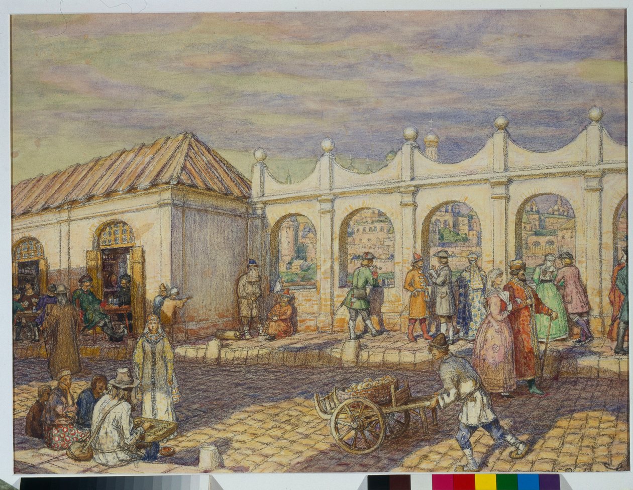 Gatubild på stenbron (Alla helgons bro) i Moskva vid tiden för Peter I den store (1672-1725) - Konstverk av Appolinari Mikhaylovich Vasnetsov (1856-1933) av Apollinari Mikhailovich Vasnetsov