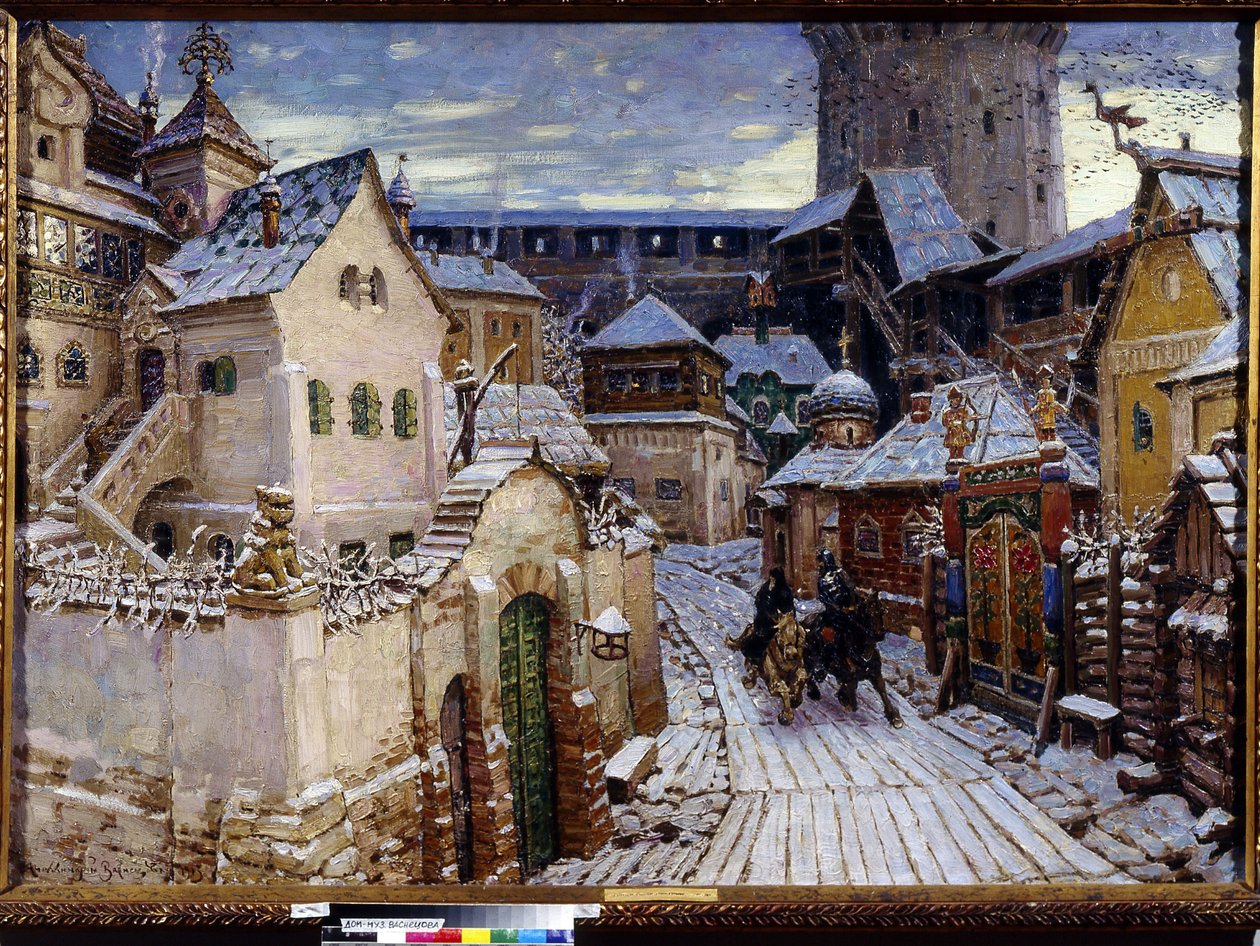 Ett tillkännagivande. En morgon i Kreml i Moskva. (A Heralds. På morgonen i Kreml). Målning av Appolinari Mikhaylovich Vasnetsov (1856-1933), olja på duk av Apollinari Mikhailovich Vasnetsov