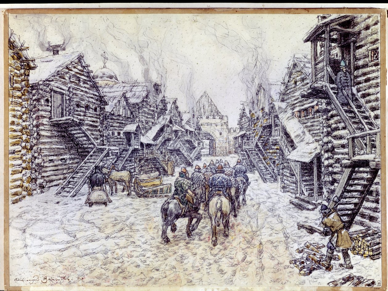 Gamla Moskva. Traditionell träarkitektur under snön. Verk av Appolinari Mikhaylovich Vasnetsov (1856-1933), akvarell och krita på papper av Apollinari Mikhailovich Vasnetsov