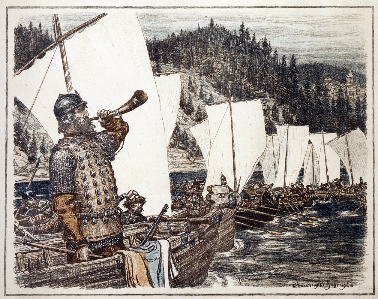 Yermak Timofeyevich (cirka 1540-1585) vid floden Irtysh. (Yermak Timopheyevich på Irtysh). Avsnitt av utforskningen och erövringen av Sibirien, 1583. Verk av Appolinari Mikhaylovich Vasnetsov (1856-1933), litografi 1916. Rysk konst, 20. av Apollinari Mikhailovich Vasnetsov