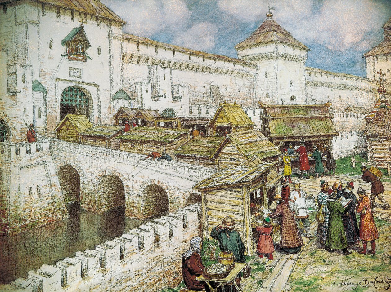        XVII Book shops on the Spassky Bridge at the 17 century av Apollinari Mikhailovich Vasnetsov
