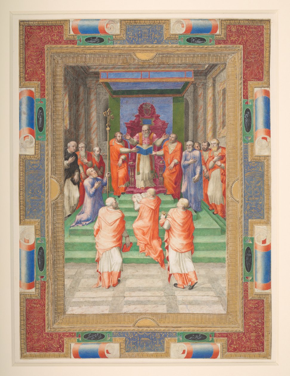 En påvlig ceremoni, Paul IV står framför den påvliga tronen, Add. MS 35254 Q, c.1555-59 (vellum) av Apollonio di Bonfratelli