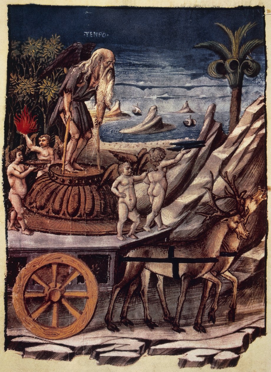 Tidens triumf, tidens vagn som dras av rådjur, miniatyr av Apollonio di Giovanni (1415 eller 1417-ca 1465) från Triumphs, allegorisk dikt av Francesco Petrarca (1304-1374), manuskript 1129, folio 42, verso, Italien av Apollonio di Giovanni di Tommaso