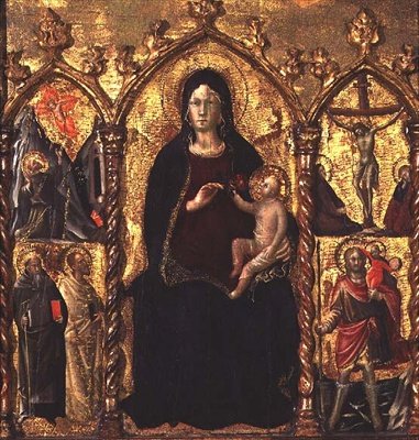 Triptyk: Madonna och barn (centralpanel) med heliga och en scen av korsfästelsen (tempera på panel) av Arcangelo di Cola da Camerino