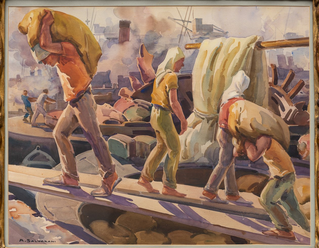 Arbetare vid Genuas hamn (akvarell på papper) av Arcangelo Salvarani