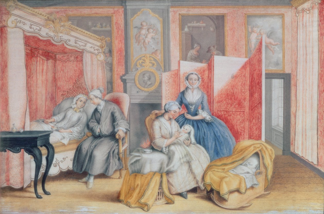 Joseph II (1741-90) vid sängen av sin hustru Isabella av Parma efter födelsen av deras dotter Maria Theresia (1762-1770), 1762 (gouache) av Archduchess of Austria Maria Christine