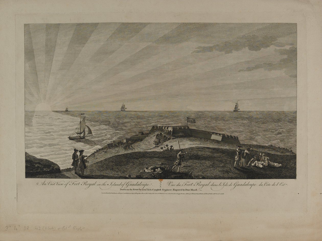 East View of Fort Royal på ön Guadeloupe, graverad av Peter Mazell (fl.1761-97) publicerad ca 1759 av Archibald Campbell