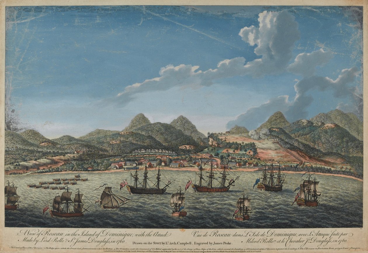 Utsikt över Roseau på ön Dominique, med attacken från 1760 gjord av Lord Rollo (1703-65) och Sir James Douglas (1703-87) graverad av Benazech, publicerad 1761 av Archibald Campbell