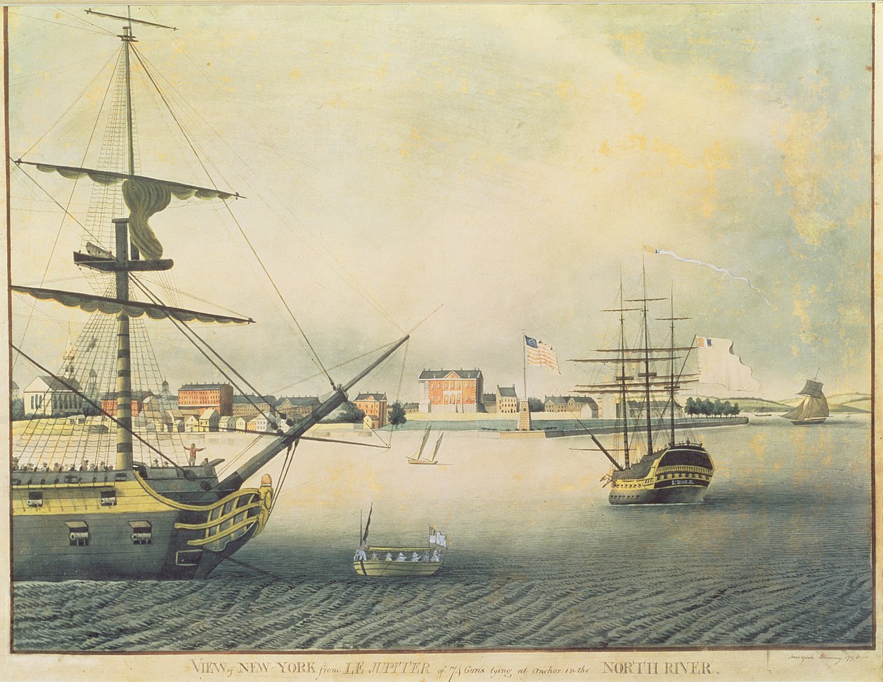 Utsikt över New York från "Le Jupiter" av 74 vapen som ligger vid ankare i North River, 1794 av Archibald Robertson