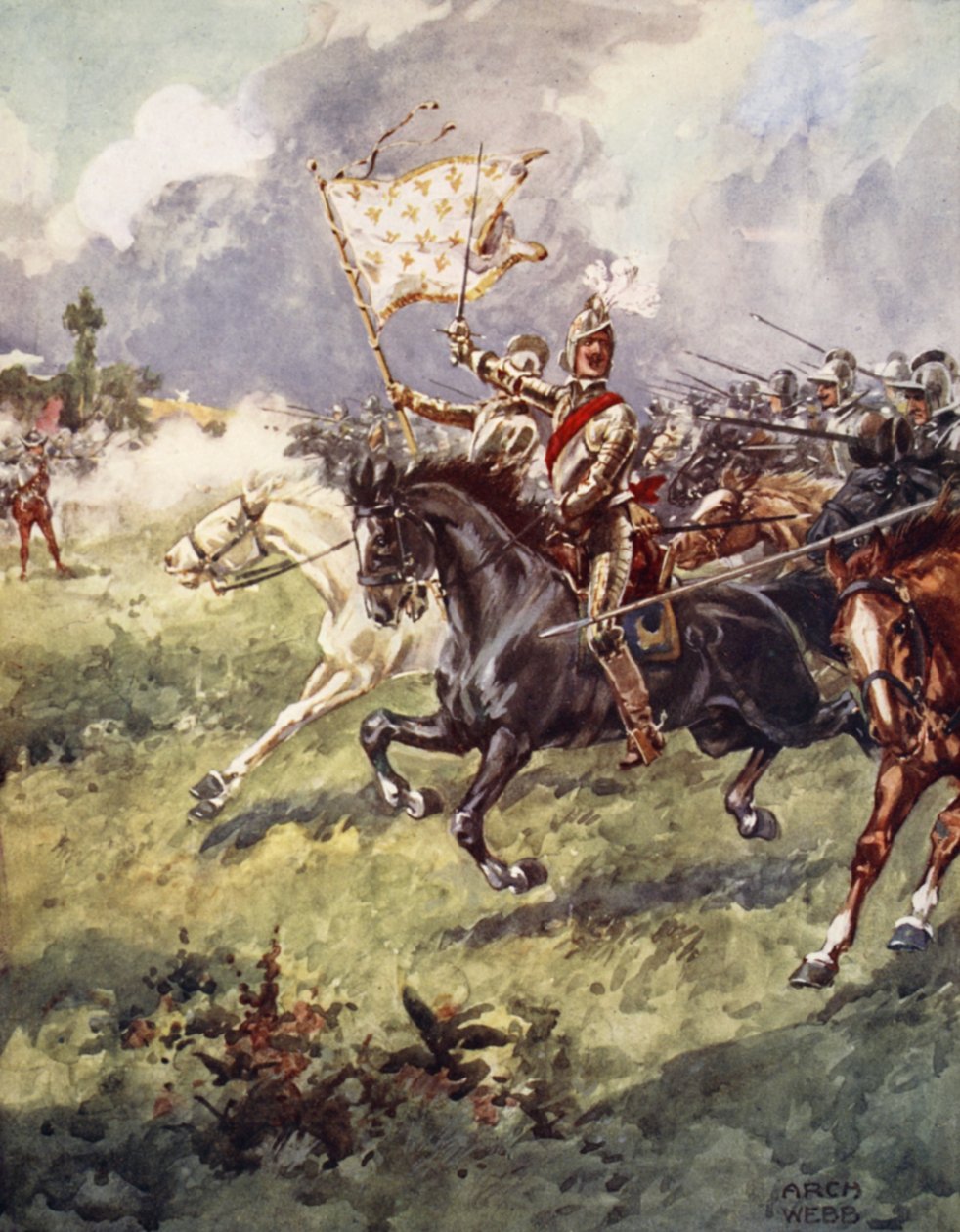 Tusen riddare trycker sig tätt bakom den snövita krönet, från Ballads of Famous Fights, första upplagan, 1920. av Archibald Webb