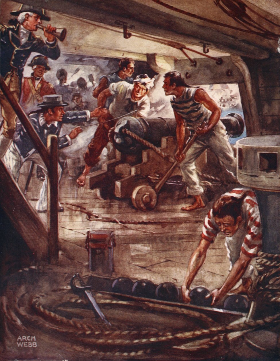 Varje kanon, från sina obearbetade läppar, spred en dödlig skugga över fartygen, från Ballads of Famous Fights, första upplagan, 1920. av Archibald Webb