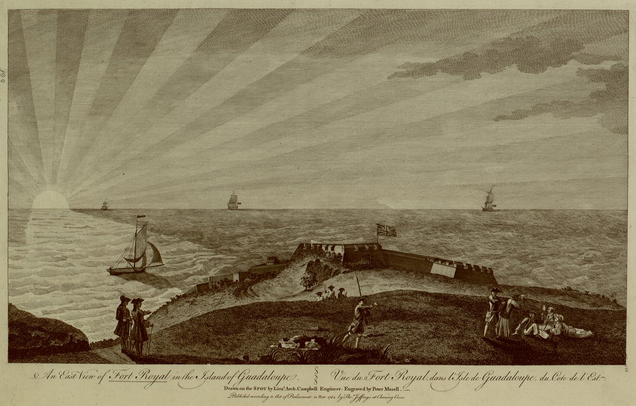 En grupp soldater vilar på toppen av en kulle i förgrunden, med Fort Royal bortom, segelfartyg och solen som går ner i havet i bakgrunden av Archibald (after) Campbell