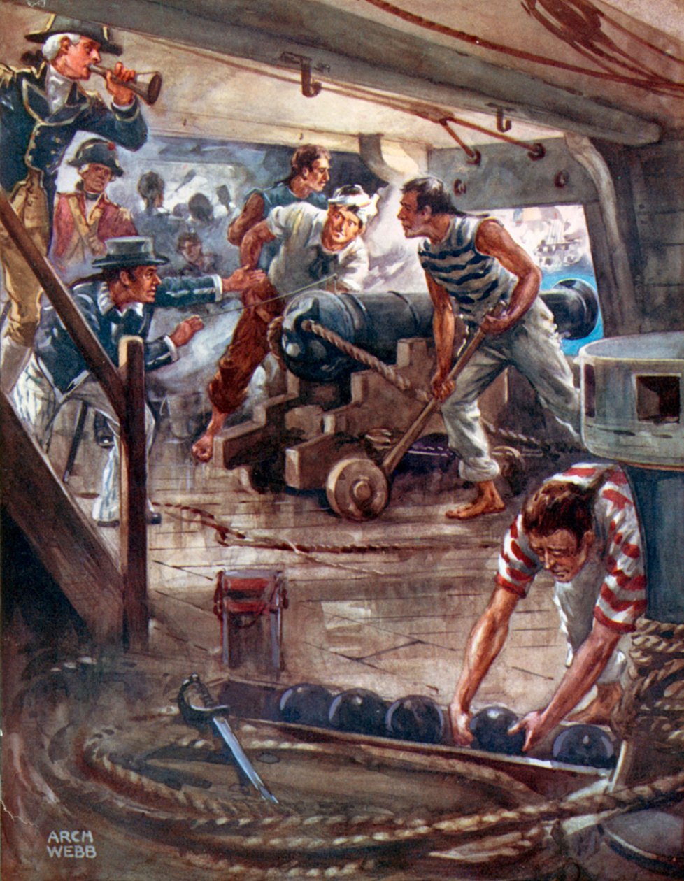 "Varje kanon från sina adamantinska läppar sprider en dödsskugga runt fartygen" (färglitografi) av Archibald Bertram (after) Webb