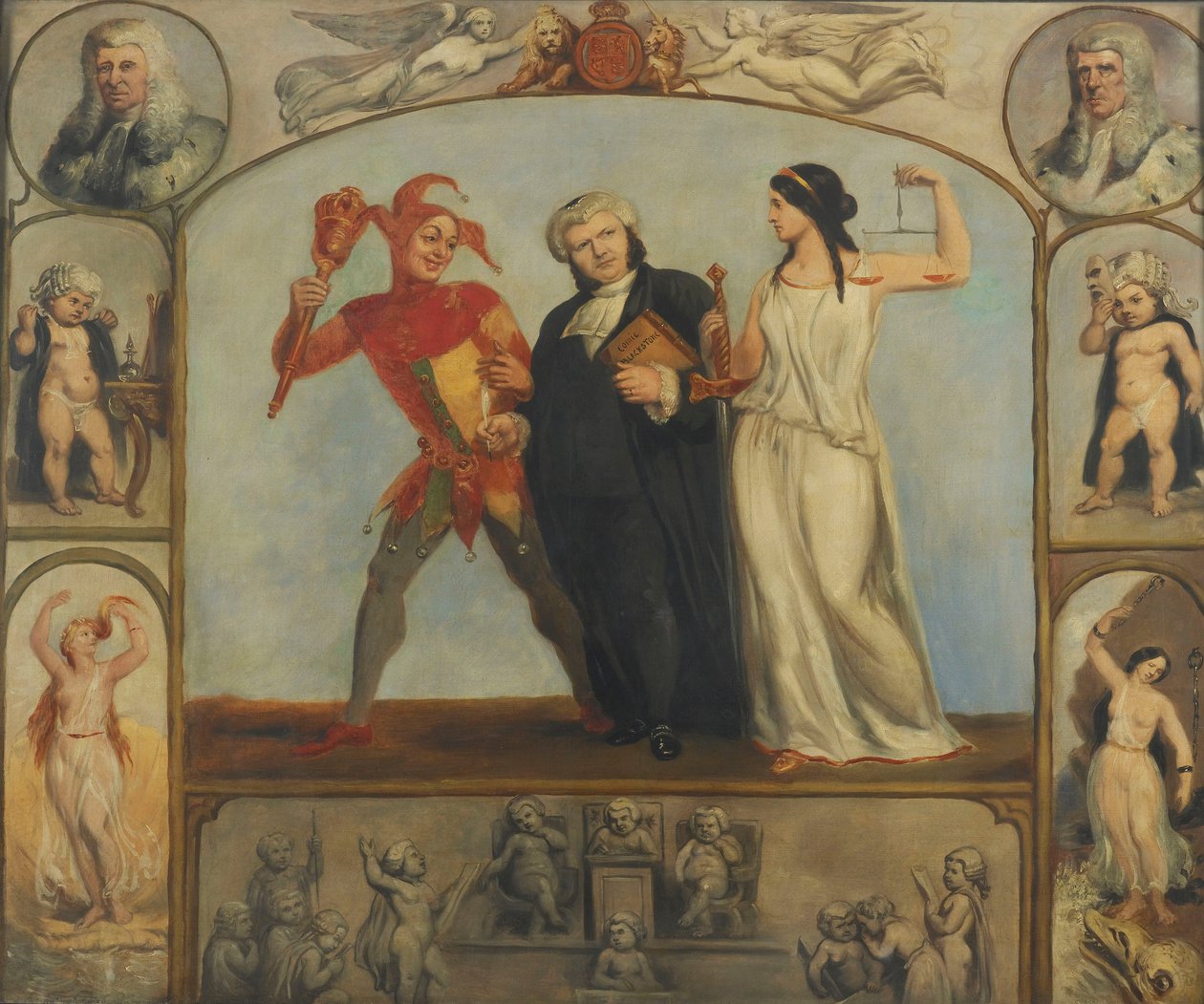 målning; olja på duk - Porträtt av Renton Nicholson med allegoriska scener och figurer av Archibald Henning