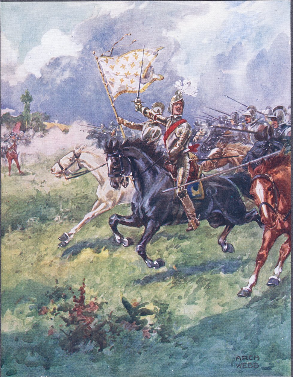 Tusen riddare trycker tätt bakom, illustration från Ballads of Famous Fights, ca 1900 av Archibald Webb