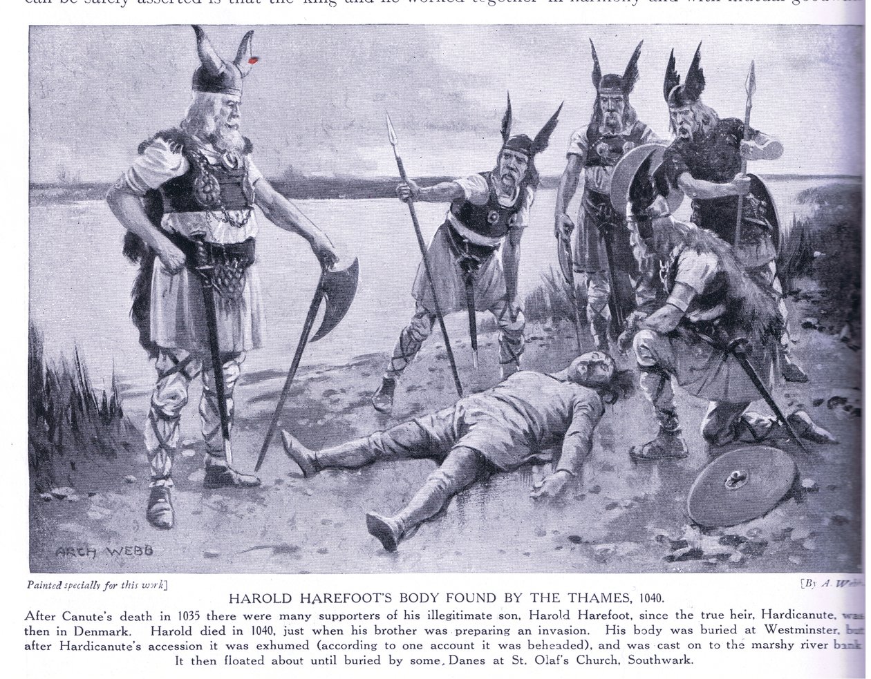 Harold Harefoots kropp hittades vid Themsen AD1040, 1920-talet av Archibald Webb